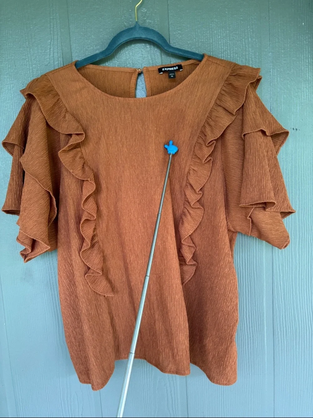 Express Rust Ruffle Short Sleeve Blouse - Picture 3 of 5